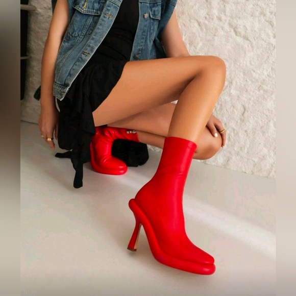 Shoes - Red Sculpted Heel Sock Boots - Women's Fashion Booties